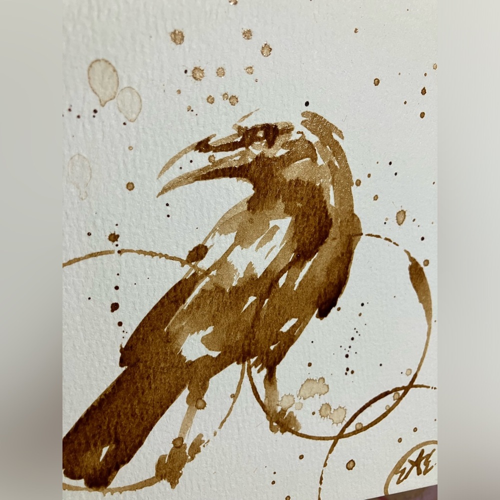 Original Raven Coffee Painting Art Bird Artwork Handmade Wall Decor cottage core